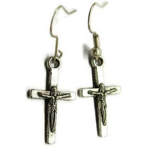Cross Religious Silver Tone Vertical Drop Dangle Hook Earrings Womans - Picture 1 of 5